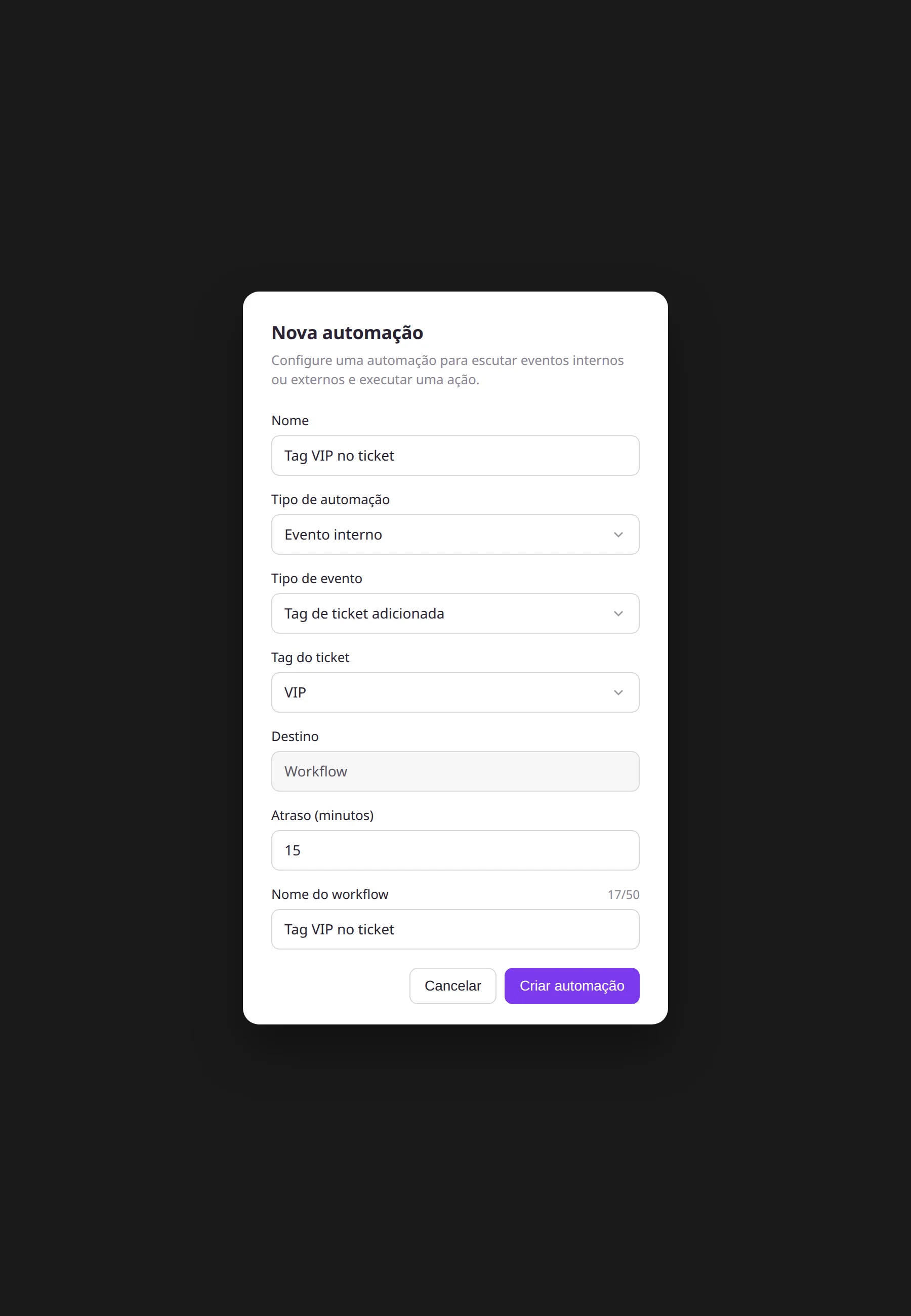 Modal Nova automação com evento Tag de ticket adicionada, seletor Tag do ticket e Nome do workflow