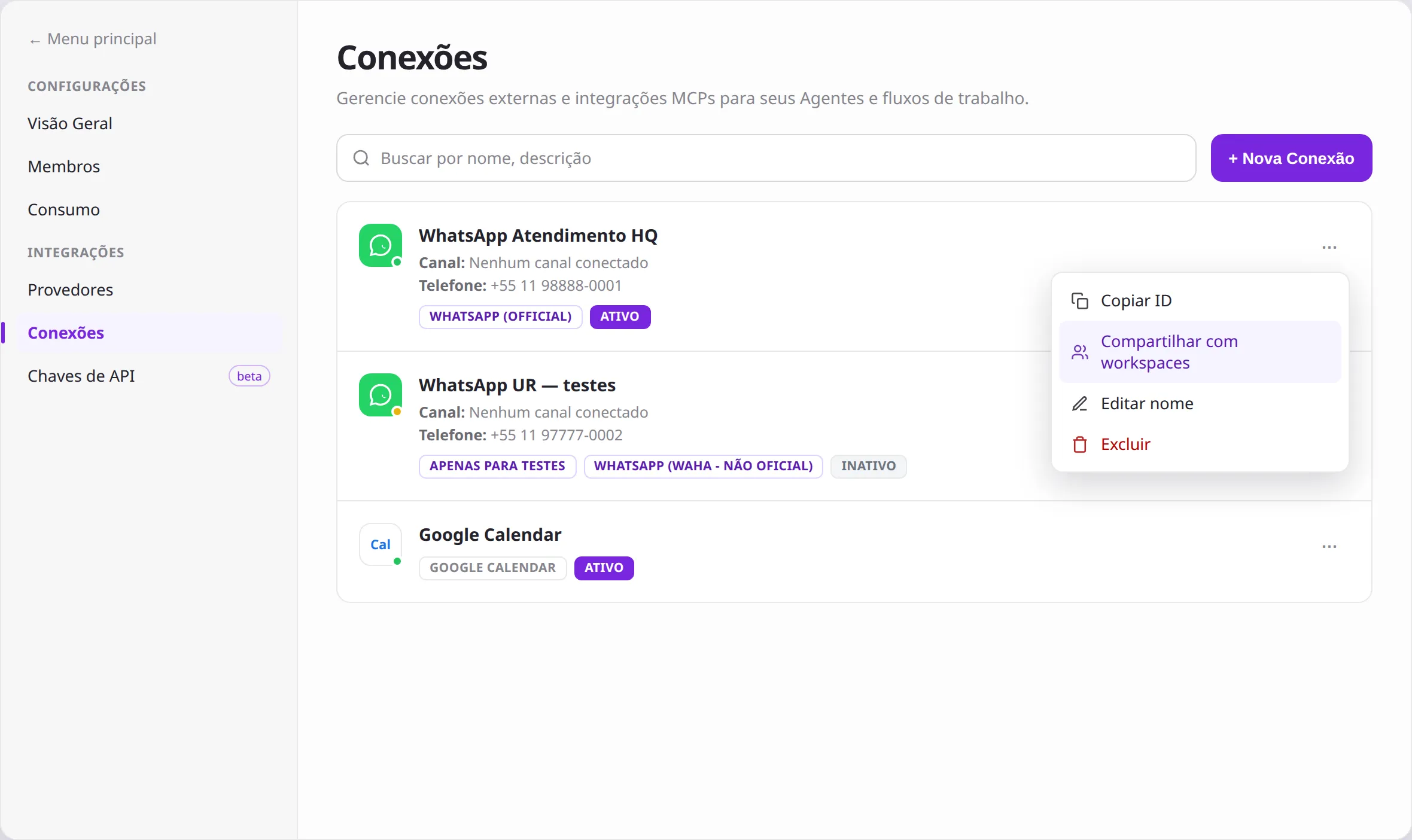 Menu de ações da connection com a opção Compartilhar com workspaces