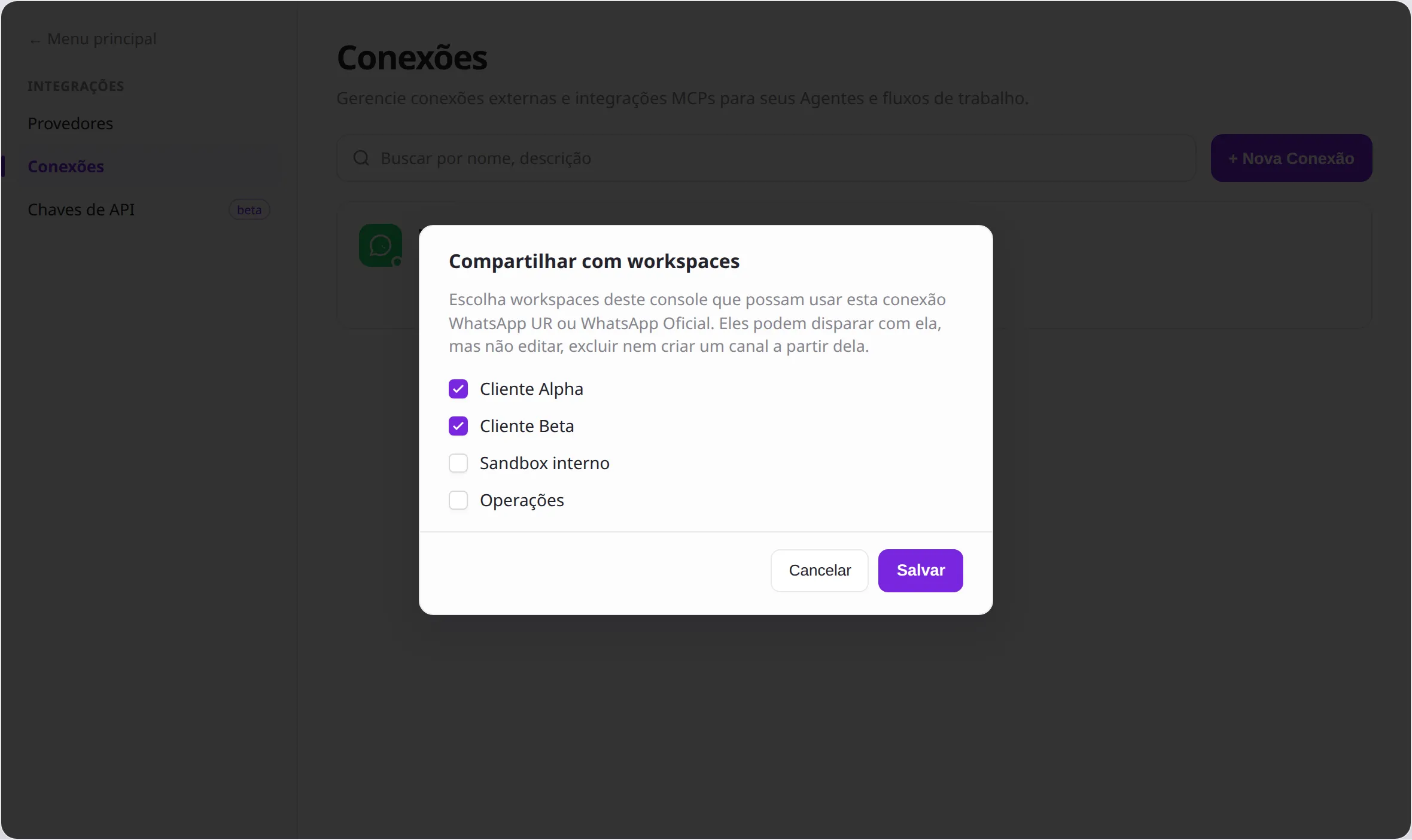 Modal Compartilhar com workspaces com a lista de workspaces do Console
