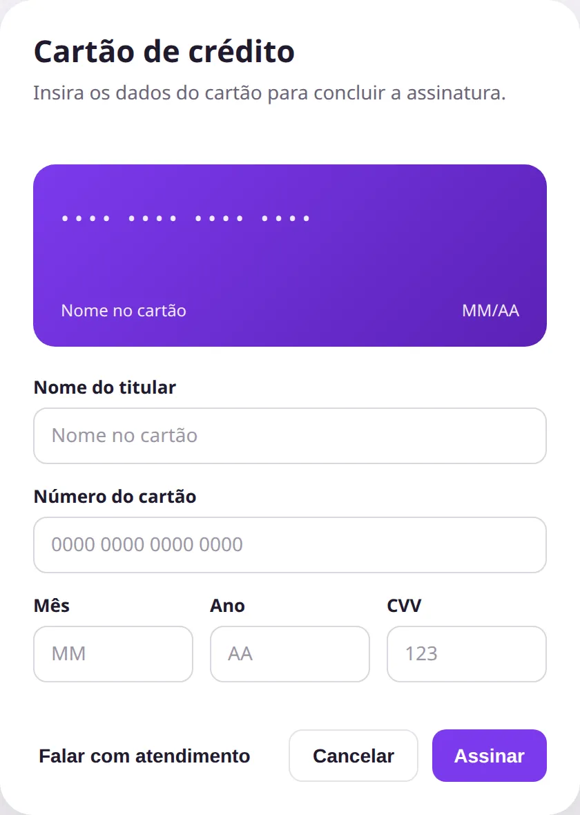 Modal Cartão de crédito com o botão Falar com atendimento no rodapé
