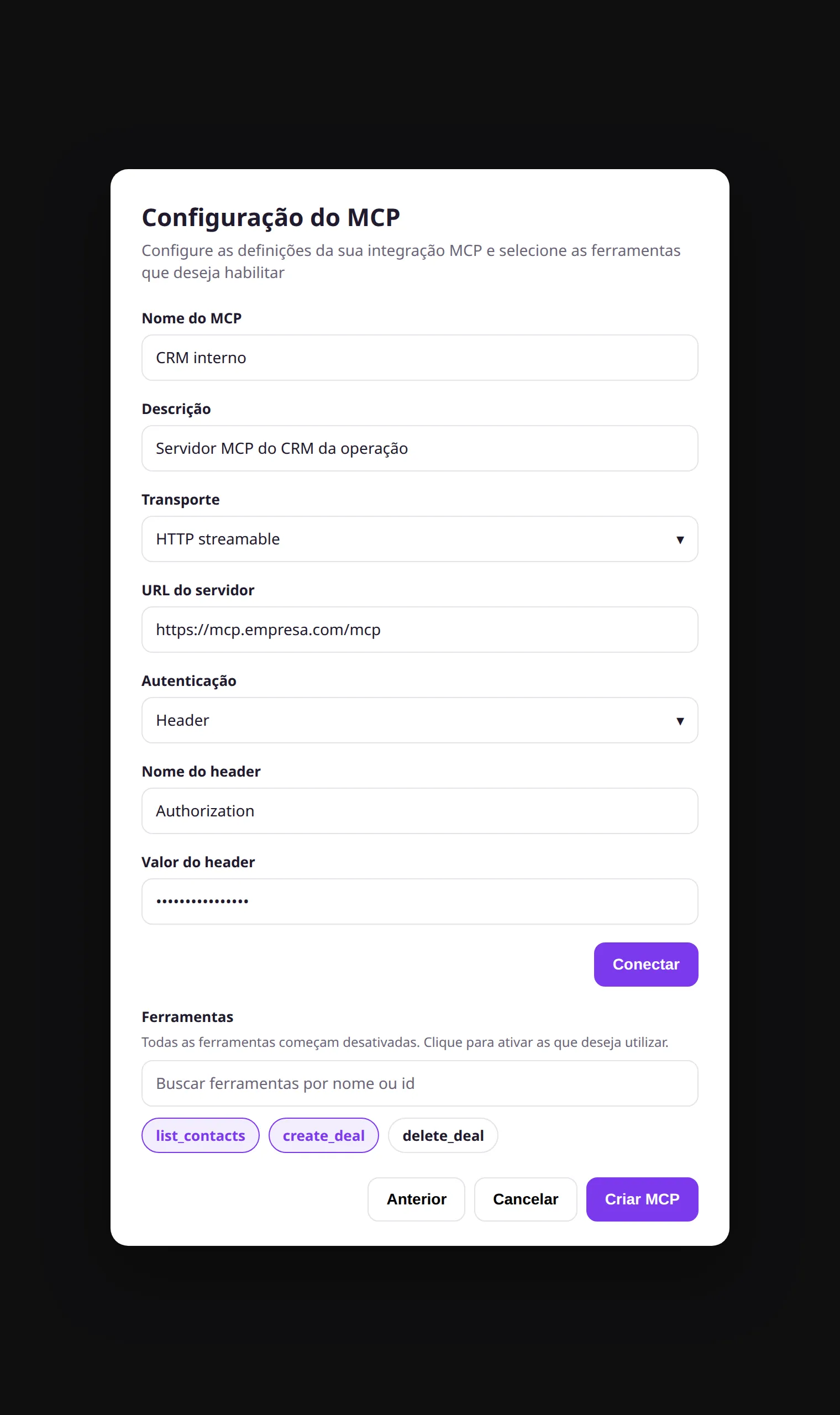 Formulário Configuração do MCP com Custom MCP, transporte HTTP streamable, URL, autenticação Header e botão Conectar