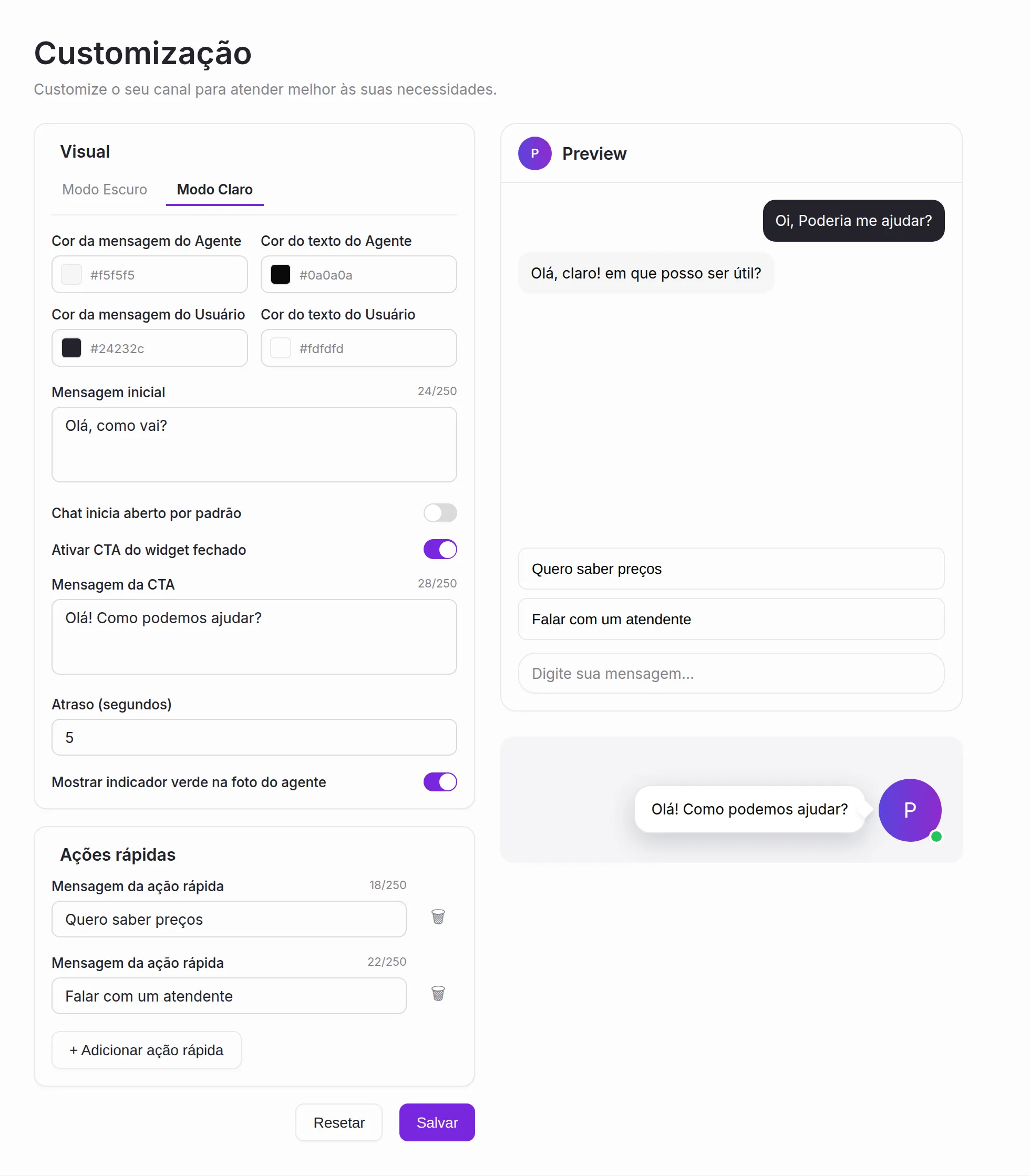 Tela Customização com os blocos Visual e Ações rápidas à esquerda e o preview do chat e do widget fechado à direita