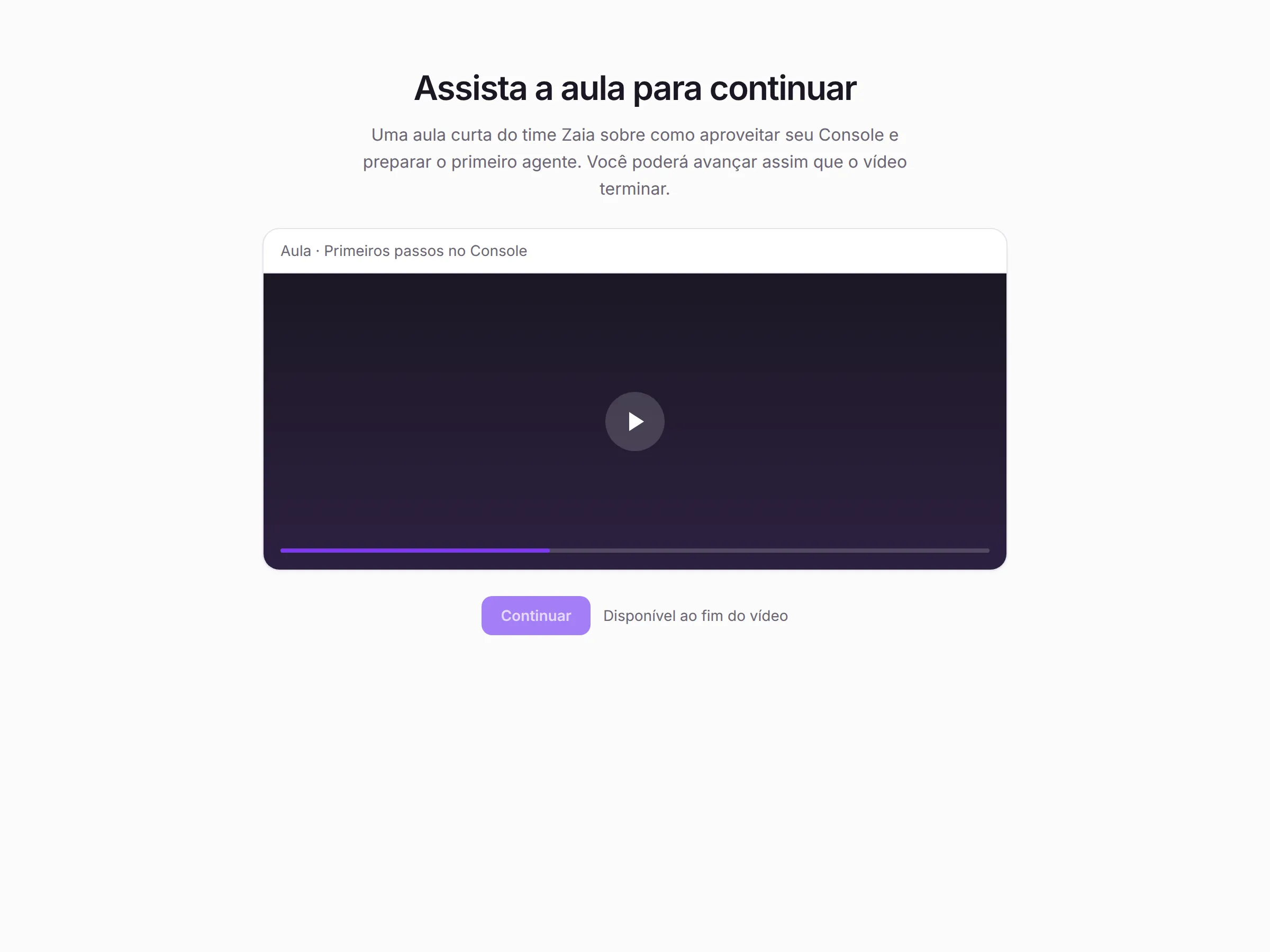 Tela Assista a aula para continuar, com o botão Continuar ainda bloqueado