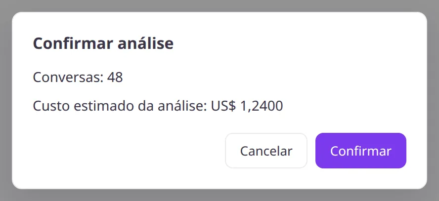 Modal Confirmar análise com conversas e custo estimado