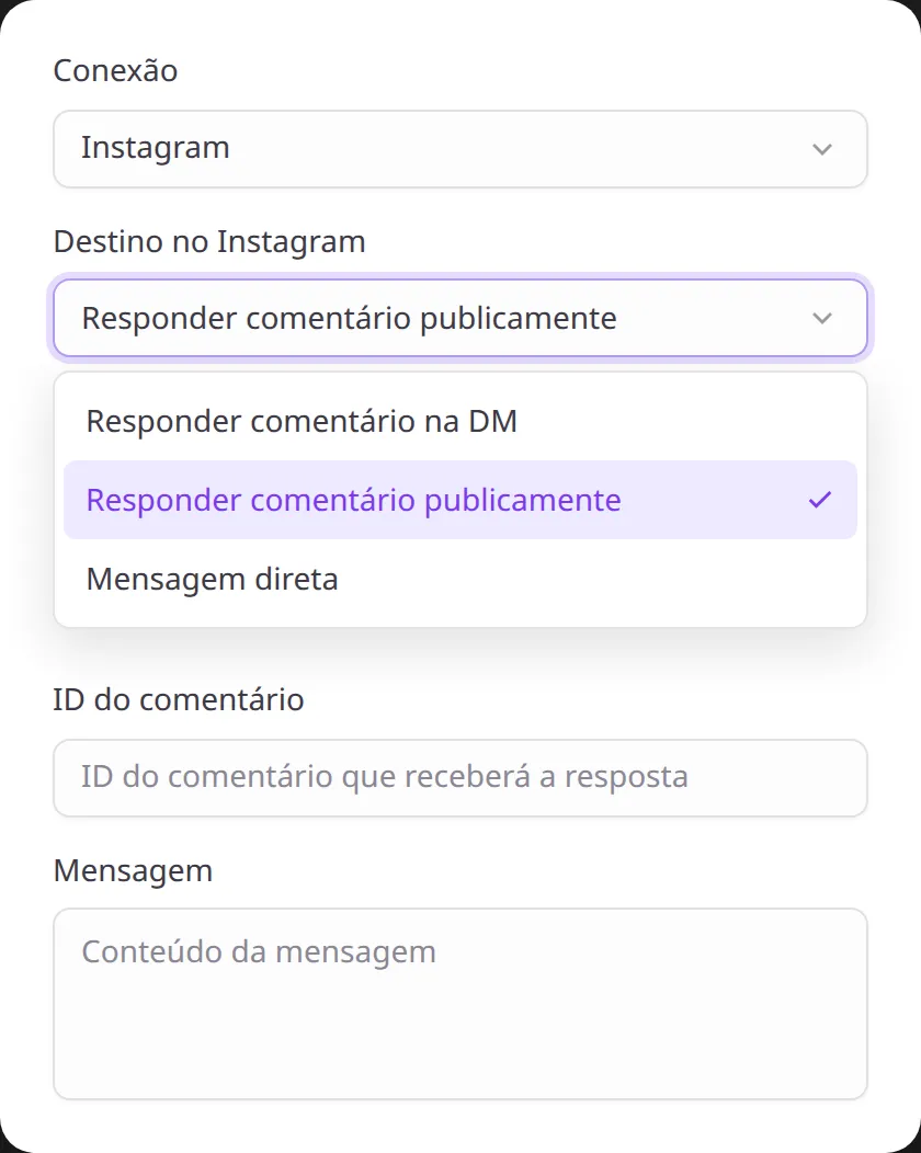 Node Message Sending com Destino no Instagram em Responder comentário publicamente e o campo ID do comentário