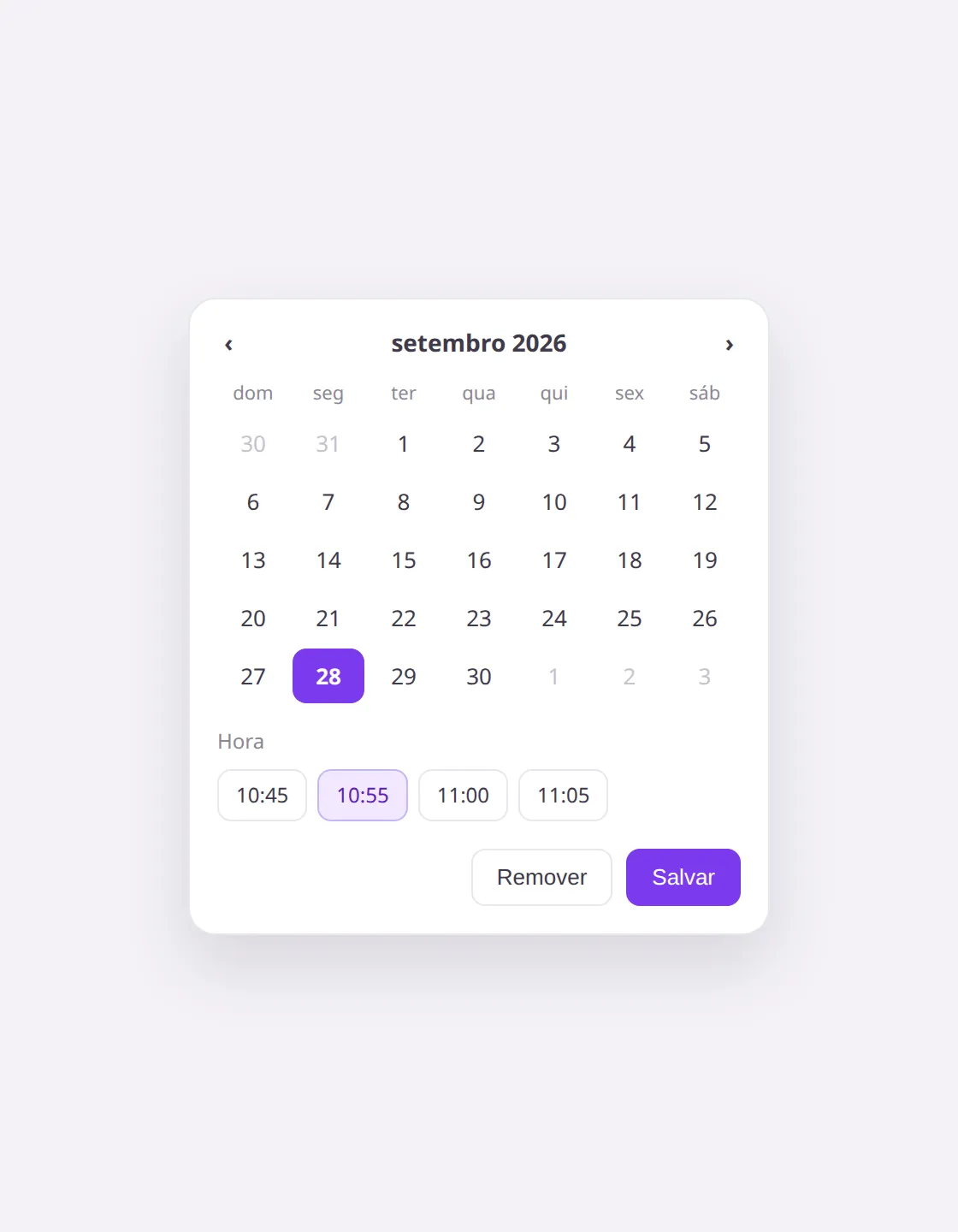 Calendário de Próximo contato com Hora, Remover e Salvar