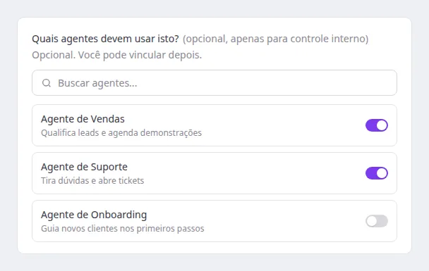 Campo Quais agentes devem usar isto com busca e switches por Agente