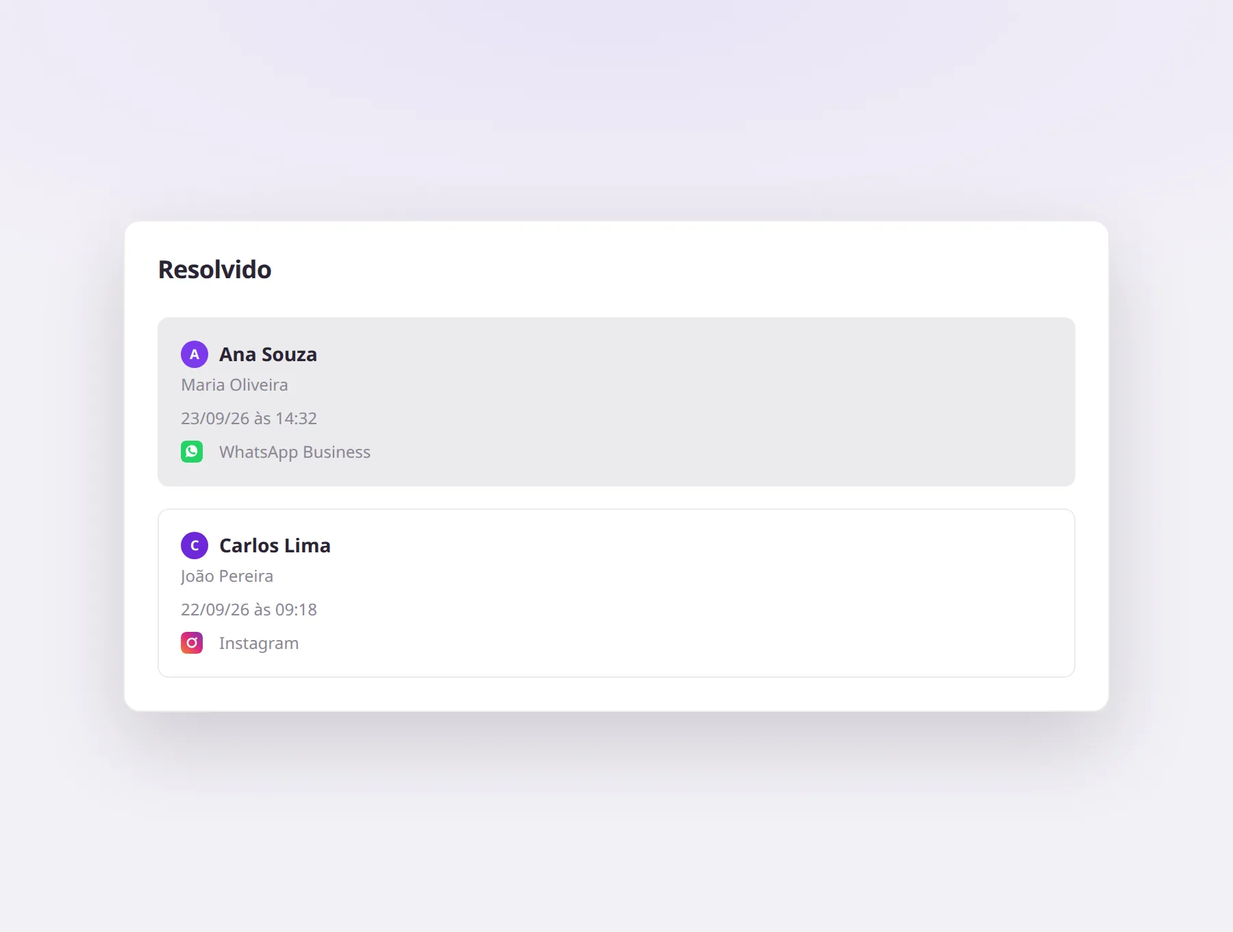 Lista de respostas Resolvido com agente, contato, data e canal; cada linha abre a conversa em uma nova aba