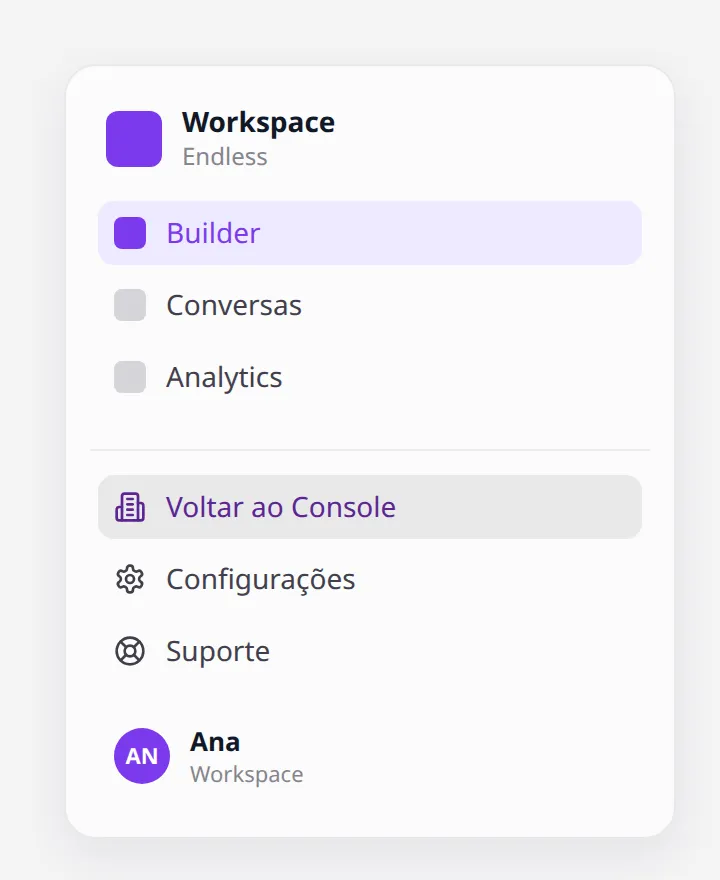 Rodapé da sidebar com Voltar ao Console acima de Configurações, seguido de Suporte e perfil