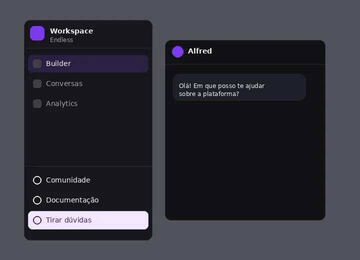 Rodapé da sidebar com Comunidade, Documentação e Tirar dúvidas