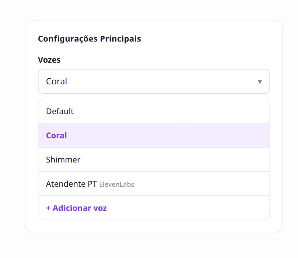 Campo Vozes nas instruções do Agente com Default, presets e Adicionar voz