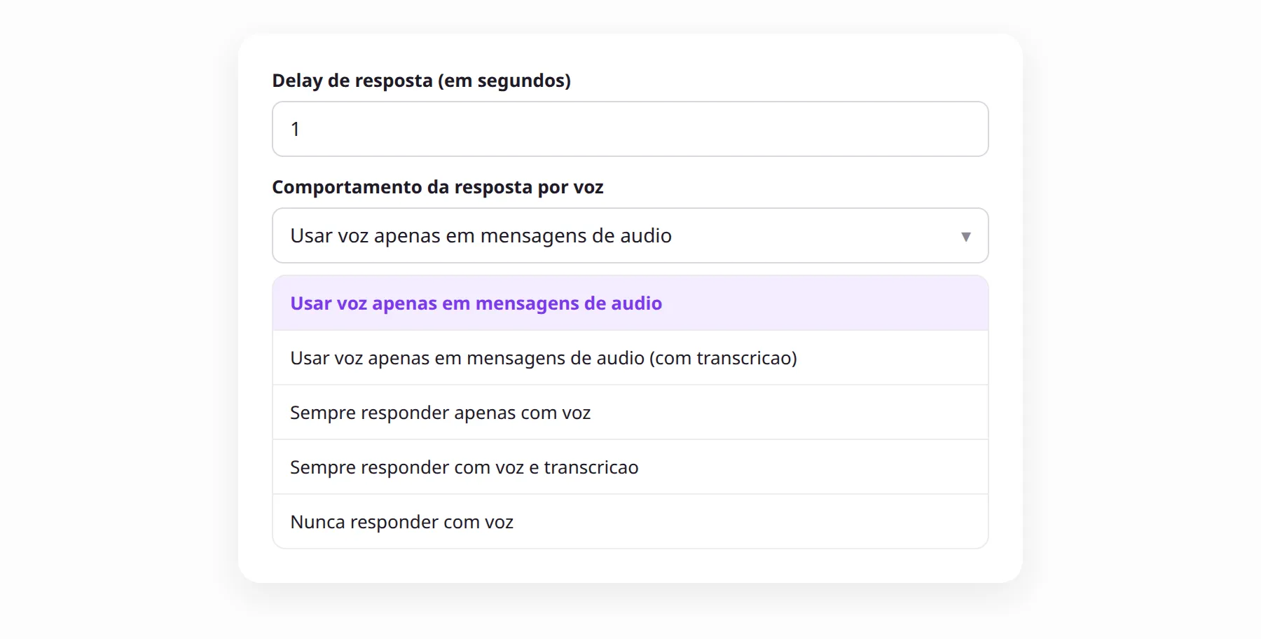 Campo Comportamento da resposta por voz no modal do canal