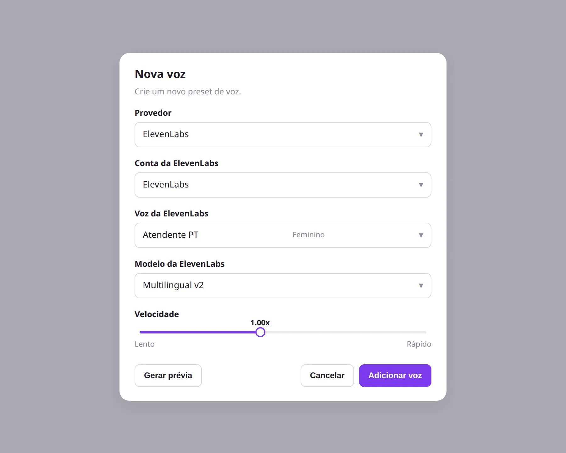 Modal Nova voz com provedor ElevenLabs, conta conectada, voz, modelo e Gerar prévia