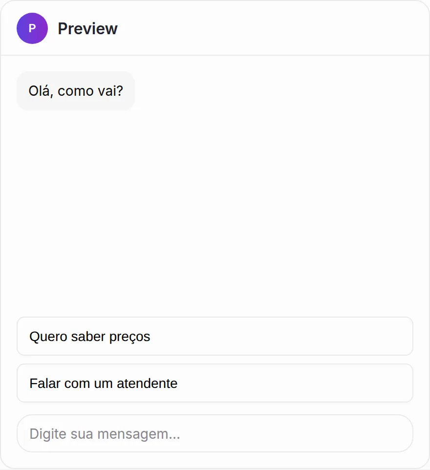 Chat do Widget com duas ações rápidas acima do campo Digite sua mensagem…