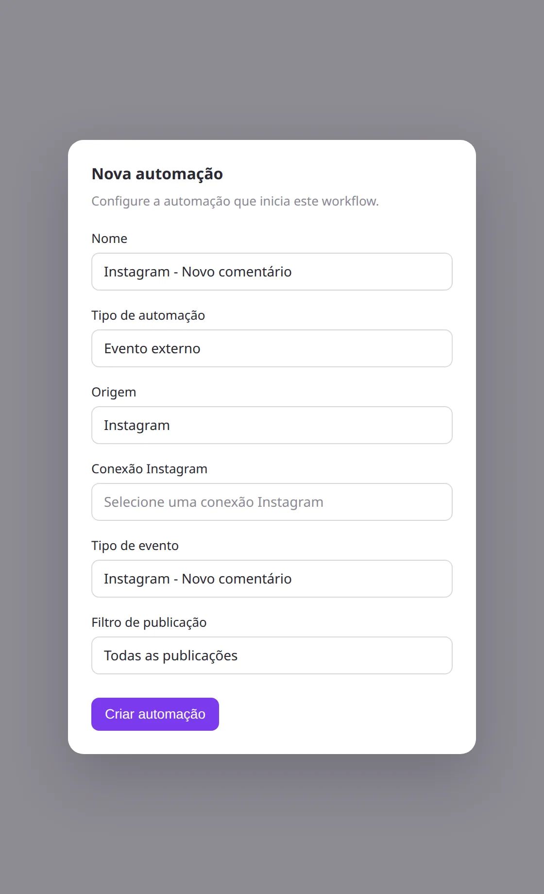 Painel Nova automação do template de Instagram, com origem Instagram e Criar automação