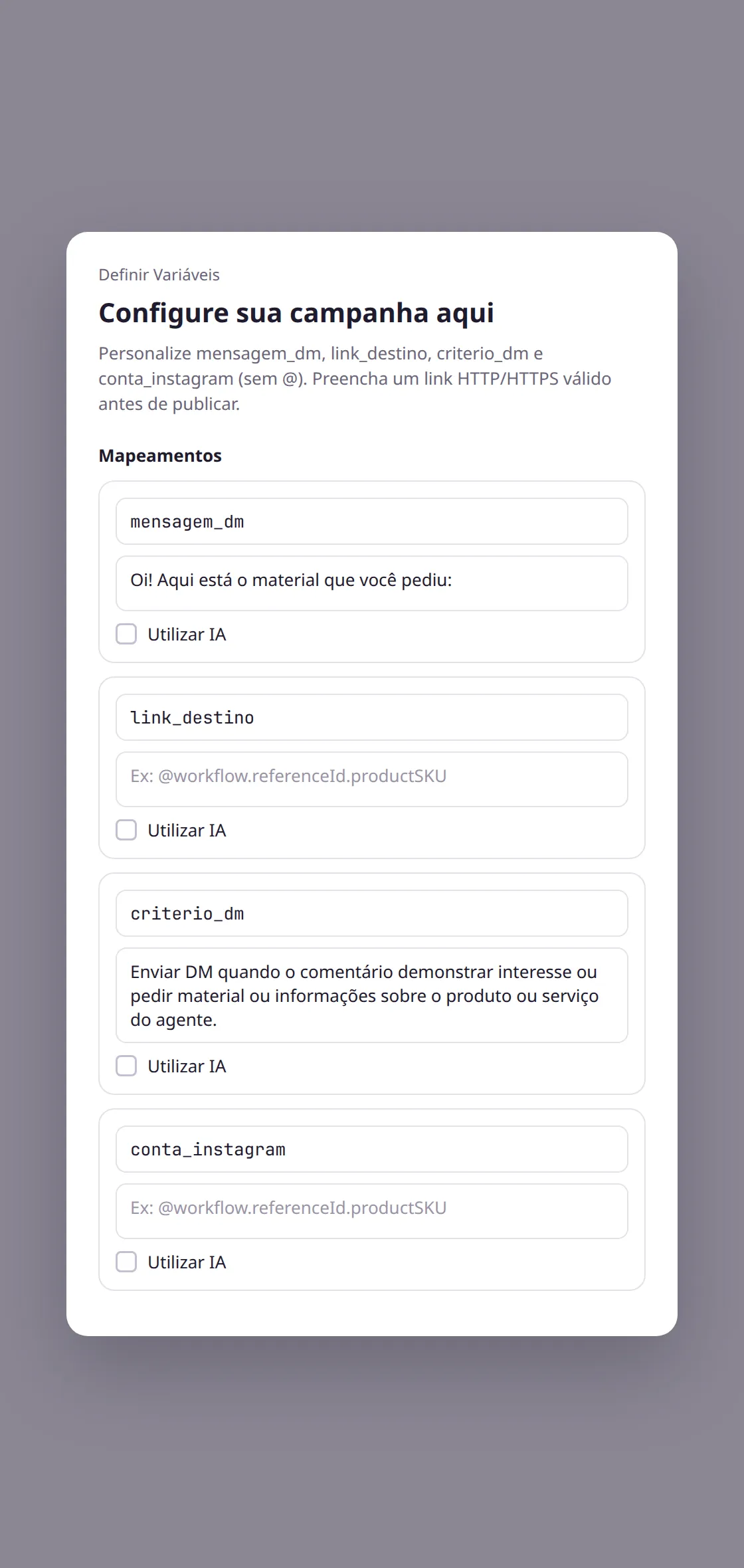 Painel Configure sua campanha aqui, com os mapeamentos mensagem_dm, link_destino, criterio_dm e conta_instagram