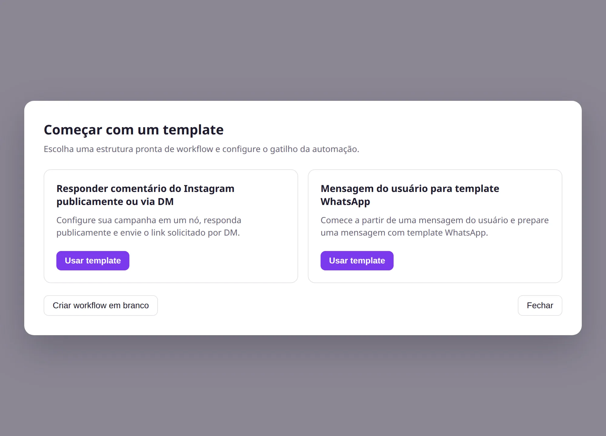 Modal Começar com um template, com os cards de Instagram e WhatsApp, Usar template, Criar workflow em branco e Fechar